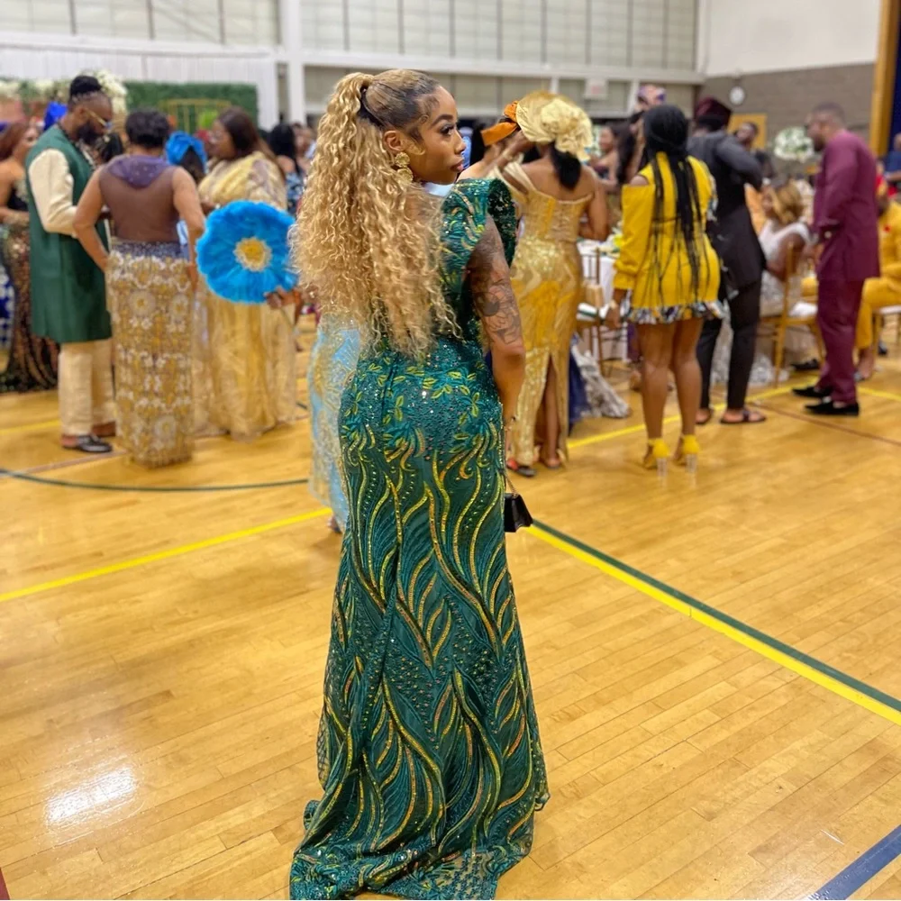 Custom African Floor-length Gown Green and Gold - Picture 4 of 5